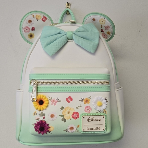 Loungefly Disney Minnie Mouse Pressed Flower Bow Backpack Green White main image 9